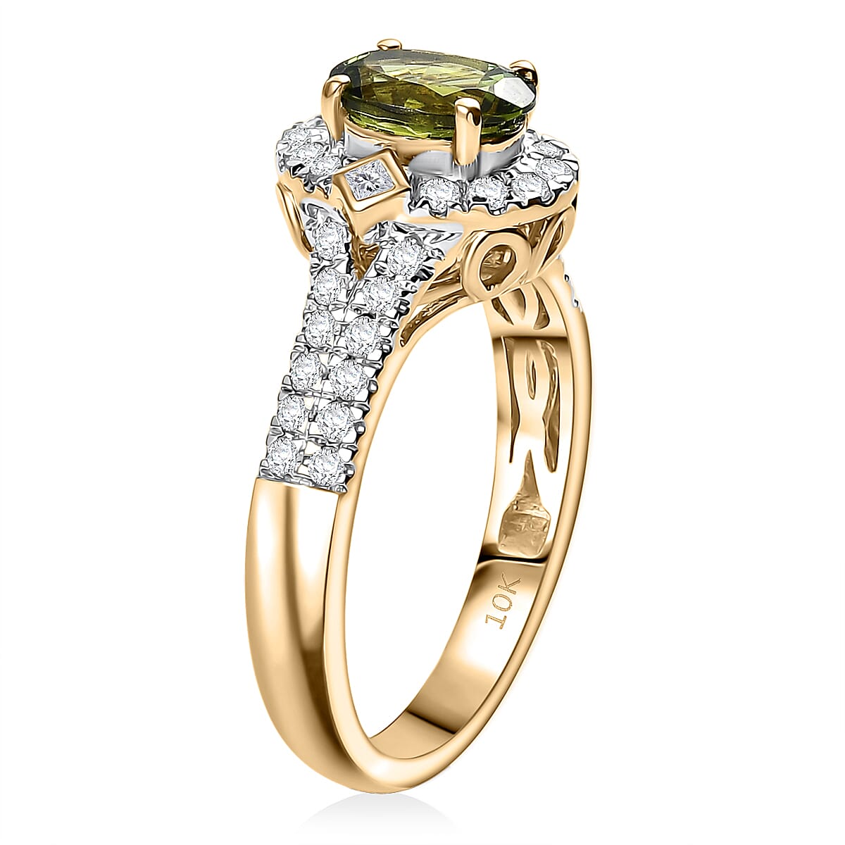Certified & Appraised Luxoro AAA Sapo Green Tourmaline and I2 Diamond 1.77 ctw Ring in 10K Yellow Gold (Size 9.0) image number 3