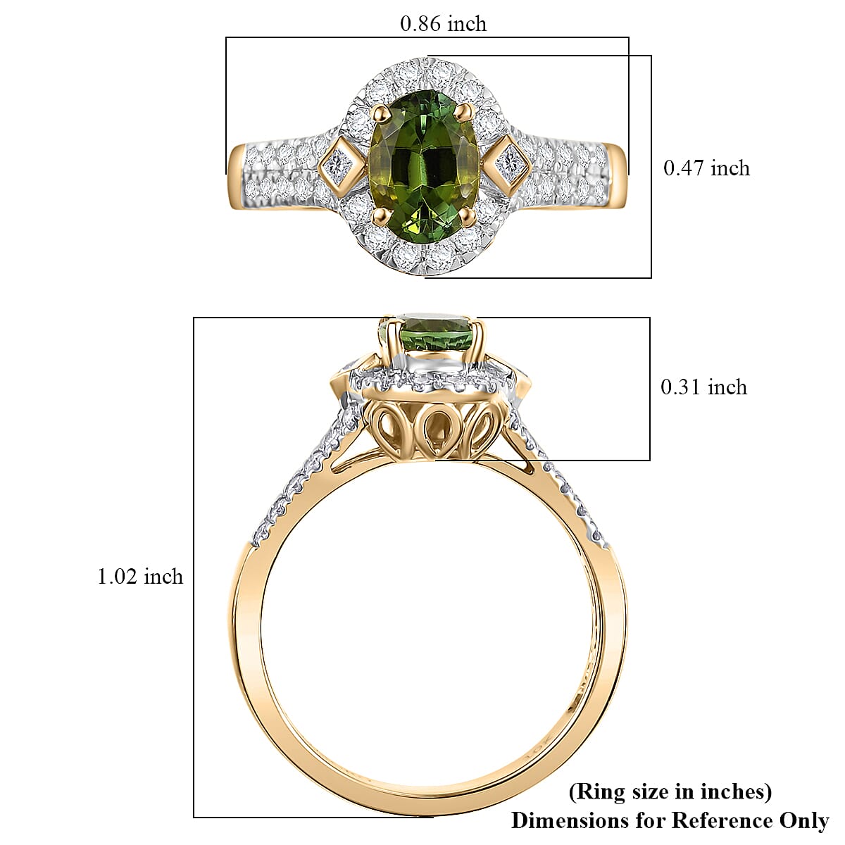 Certified & Appraised Luxoro AAA Sapo Green Tourmaline and I2 Diamond 1.77 ctw Ring in 10K Yellow Gold (Size 9.0) image number 5