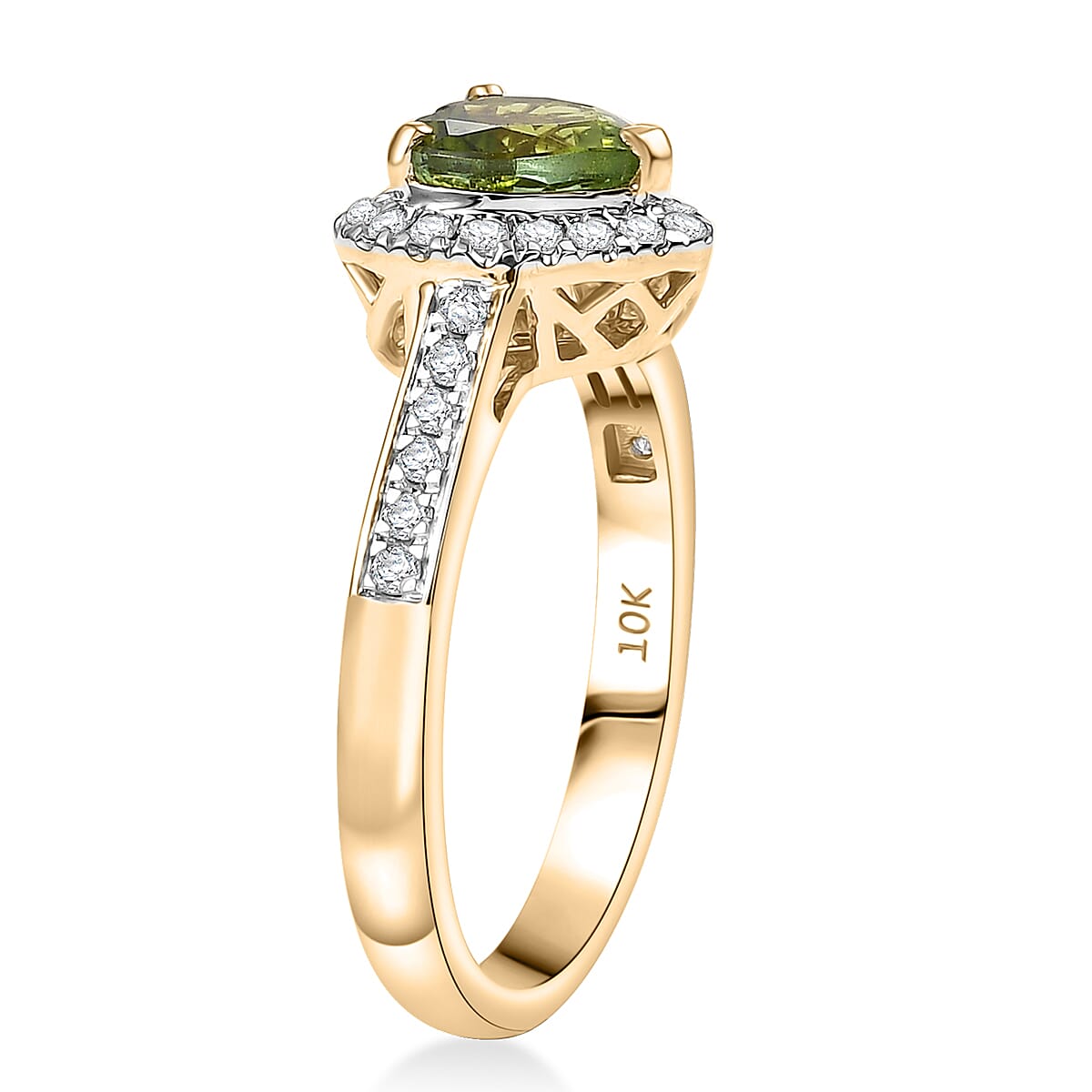 Certified & Appraised Luxoro AAA Sapo Green Tourmaline and I2 Diamond 1.40 ctw Ring in 10K Yellow Gold (Size 10.0) image number 3