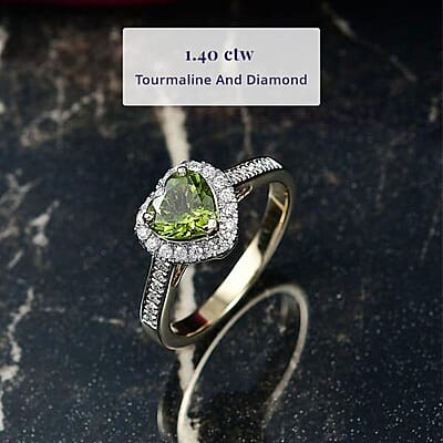 Certified & Appraised Luxoro AAA Sapo Green Tourmaline and I2 Diamond 1.40 ctw Ring in 10K Yellow Gold (Size 5.0)