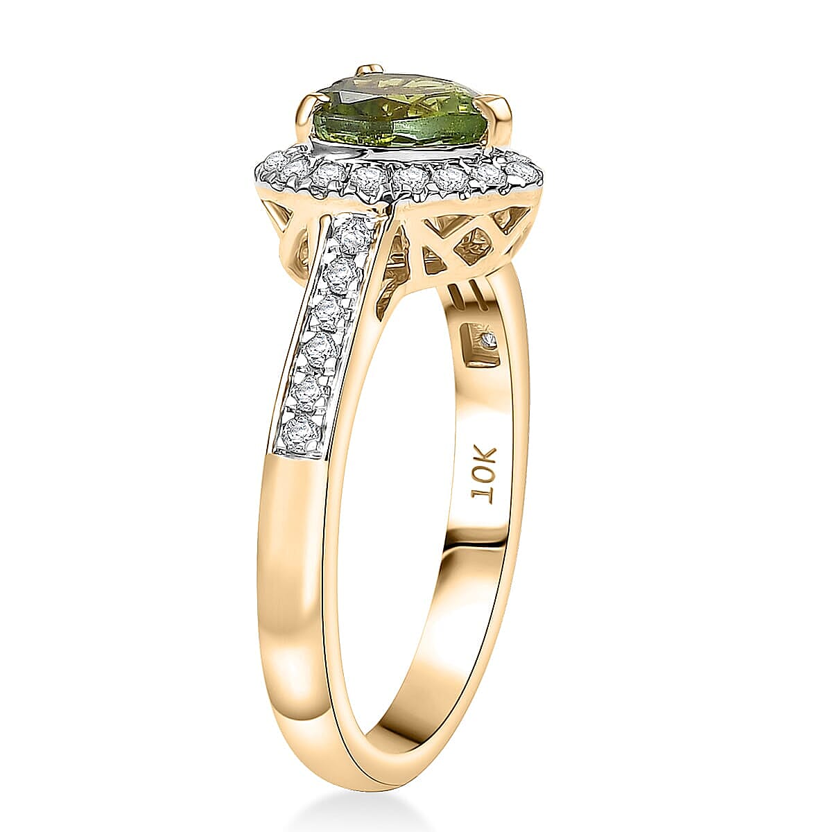 Certified & Appraised Luxoro AAA Sapo Green Tourmaline and I2 Diamond 1.40 ctw Ring in 10K Yellow Gold (Size 9.5) image number 3