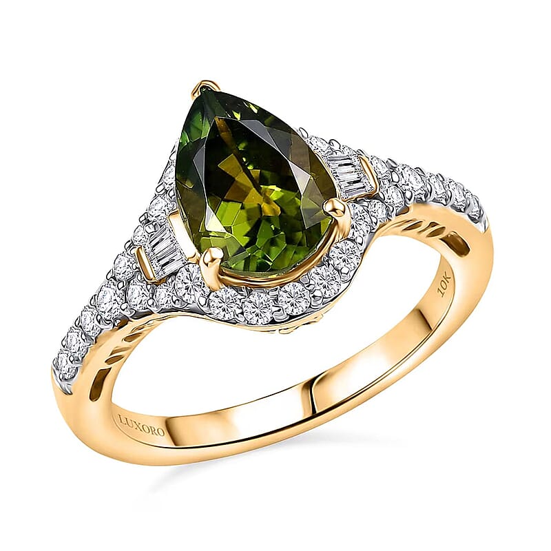 Certified and Appraised Luxoro AAA Sapo Green Tourmaline, Diamond Ring in 10K Yellow Gold 1.90 ctw (Size 5.0)