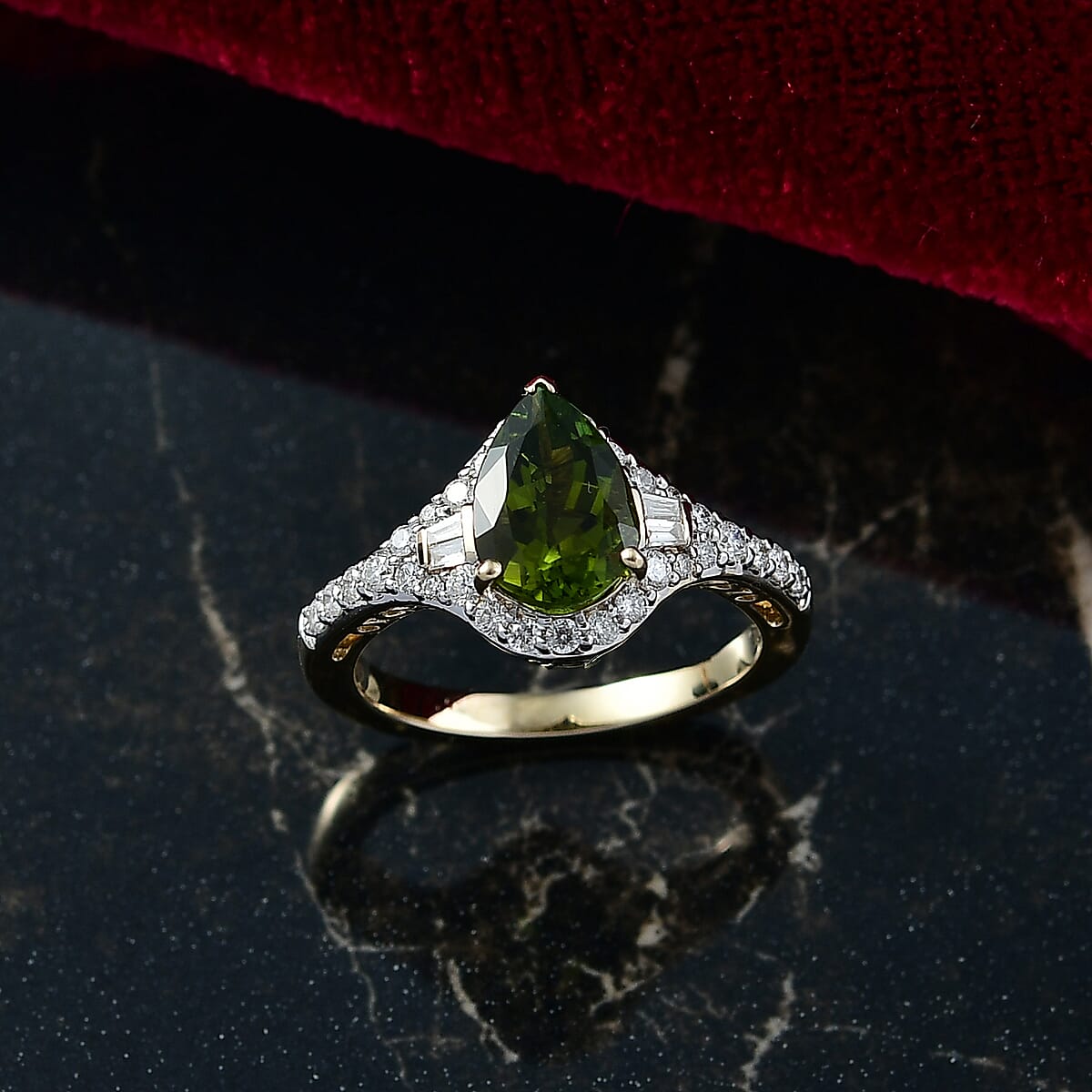 Certified & Appraised Luxoro AAA Sapo Green Tourmaline and I2 Diamond 1.90 ctw Ring in 10K Yellow Gold (Size 7.0) image number 1