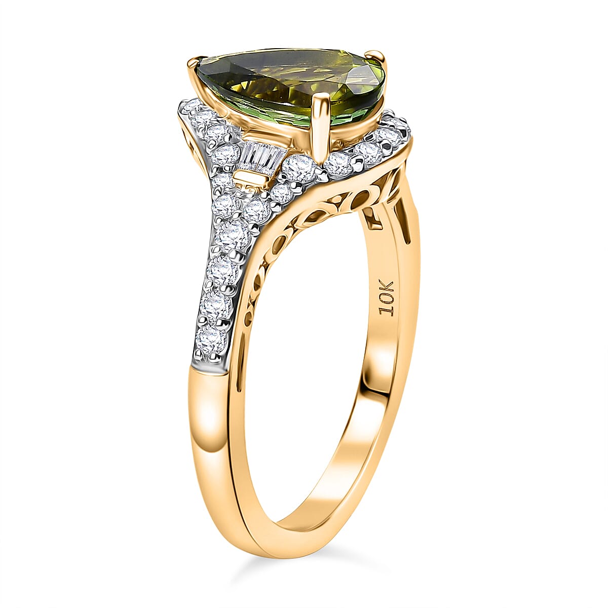 Certified & Appraised Luxoro AAA Sapo Green Tourmaline and I2 Diamond 1.90 ctw Ring in 10K Yellow Gold (Size 7.0) image number 3