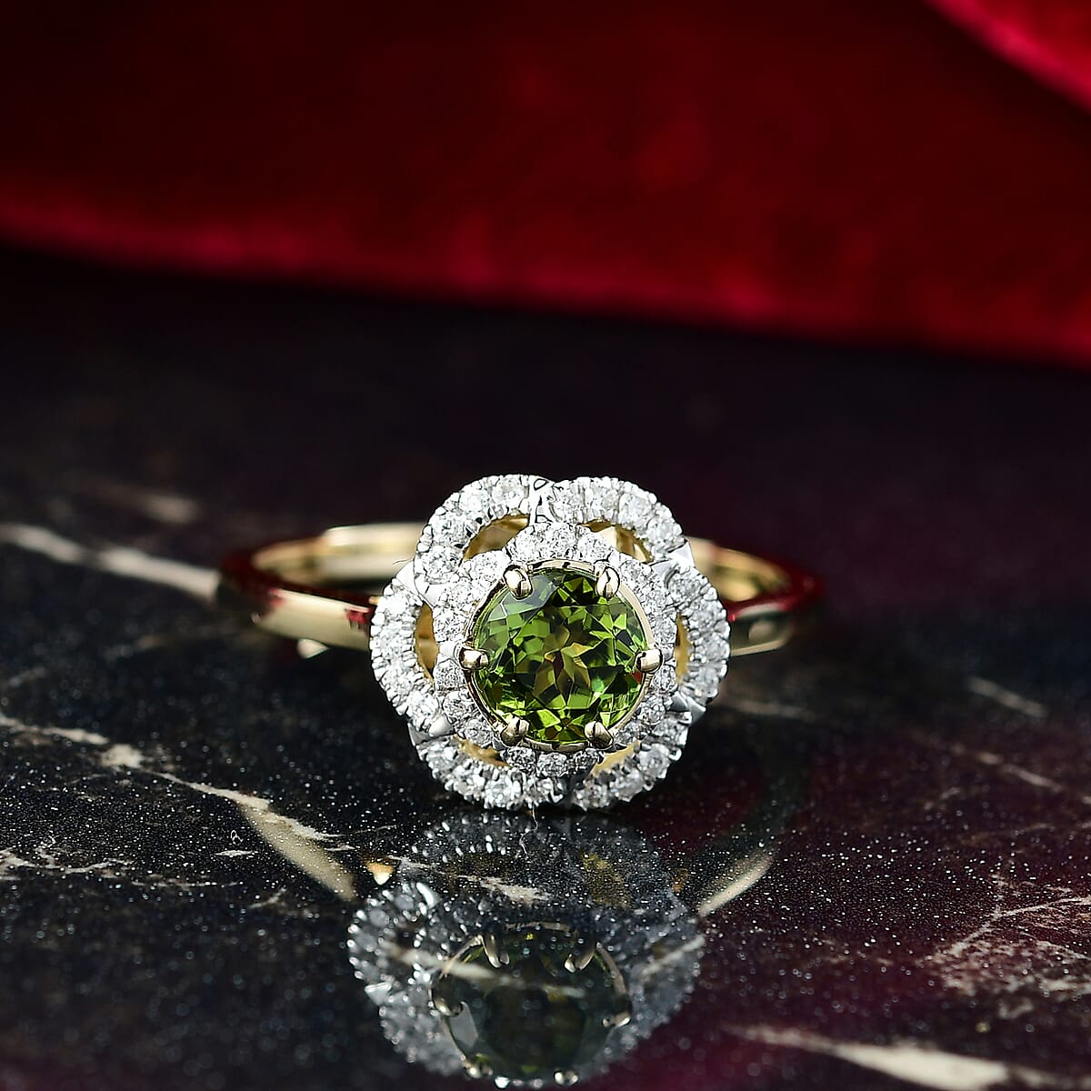 Certified & Appraised Luxoro AAA Sapo Tourmaline and I2 Diamond 1.46 ctw Ring in 10K Yellow Gold (Size 10.0) image number 1