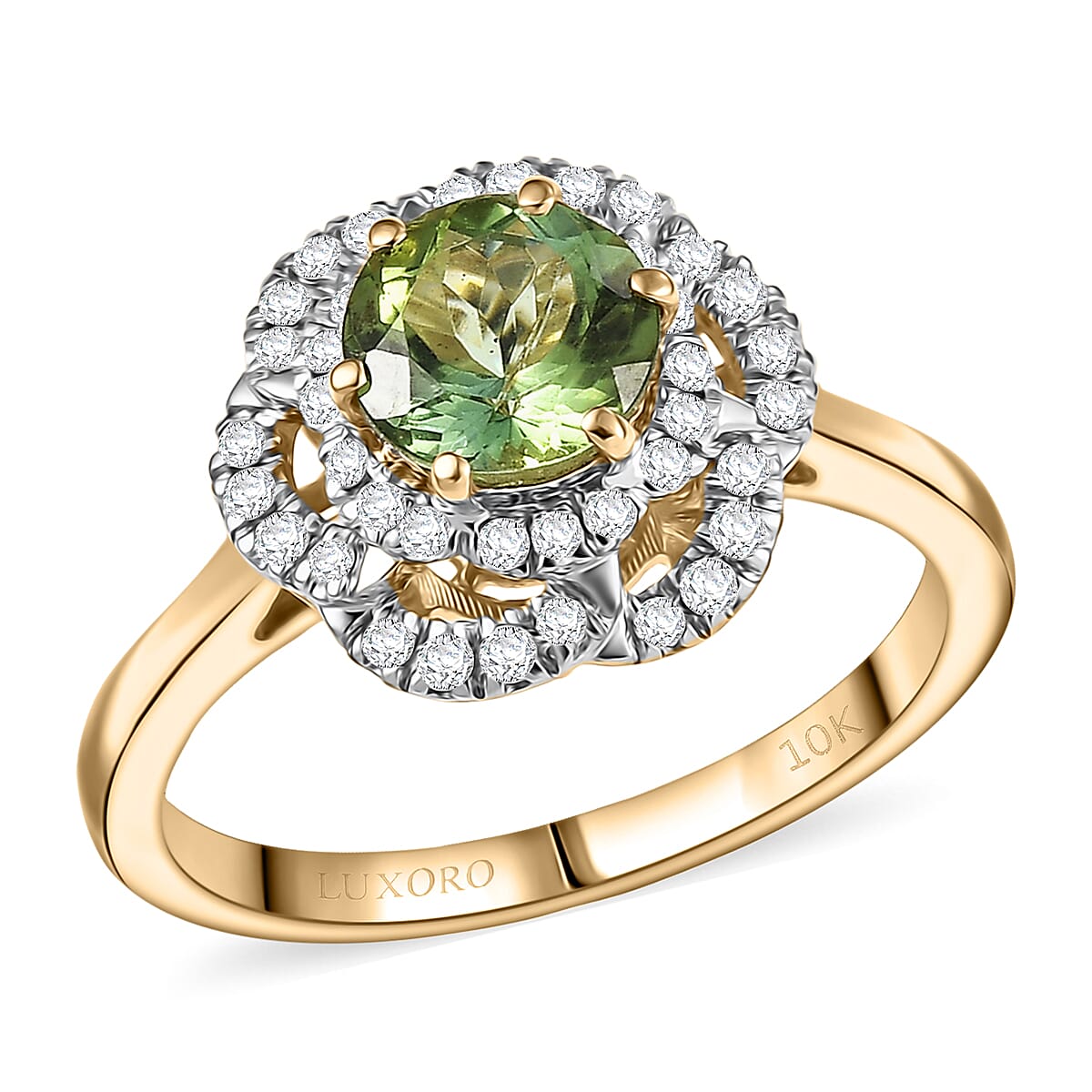 Certified & Appraised Luxoro AAA Sapo Tourmaline and I2 Diamond 1.46 ctw Ring in 10K Yellow Gold (Size 7.0) image number 0