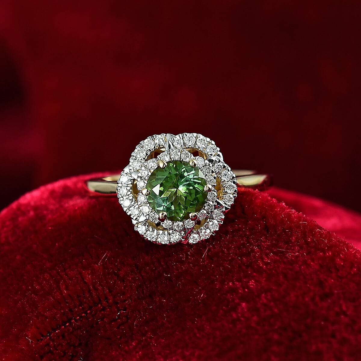 Certified & Appraised Luxoro AAA Sapo Tourmaline and I2 Diamond 1.46 ctw Ring in 10K Yellow Gold (Size 7.0) image number 1