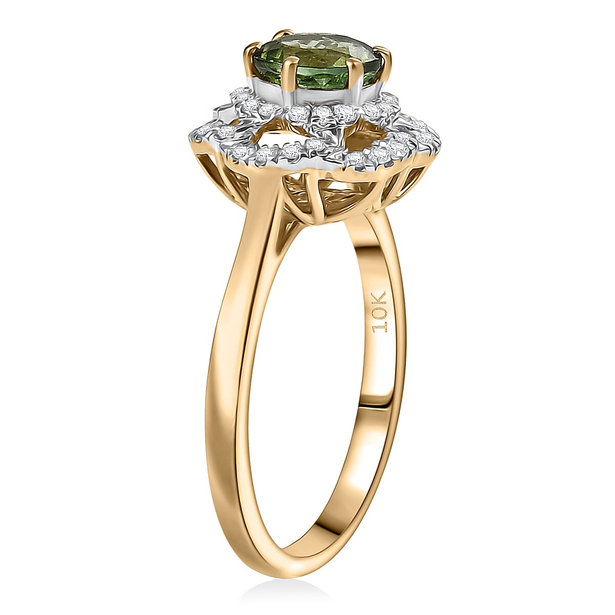 Certified & Appraised Luxoro AAA Sapo Tourmaline and I2 Diamond 1.46 ctw Ring in 10K Yellow Gold (Size 9.0) image number 3