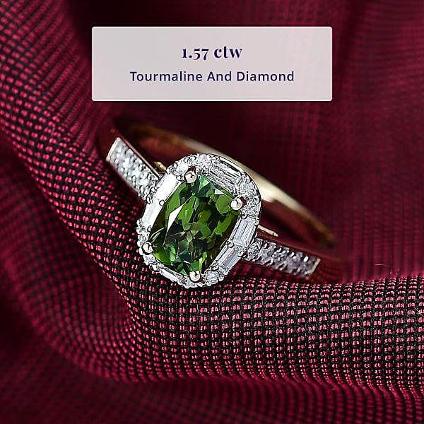 Certified & Appraised Luxoro AAA Sapo Green Tourmaline and I2 Diamond 1.57 ctw Ring in 10K Yellow Gold (Size 5.0)