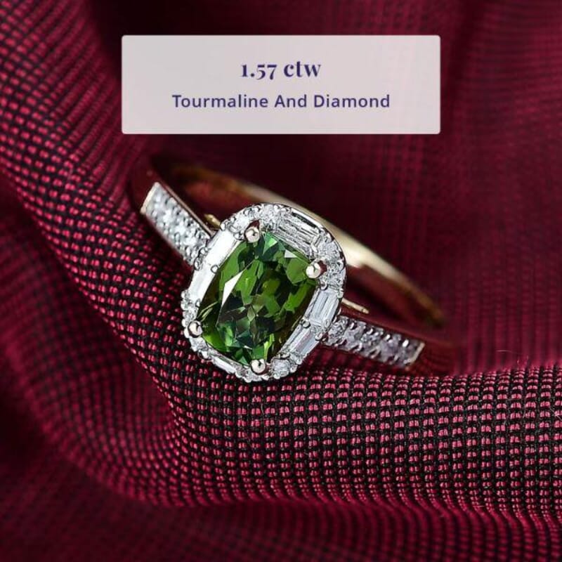 Certified & Appraised Luxoro AAA Sapo Green Tourmaline and I2 Diamond 1.57 ctw Ring in 10K Yellow Gold (Size 5.0)