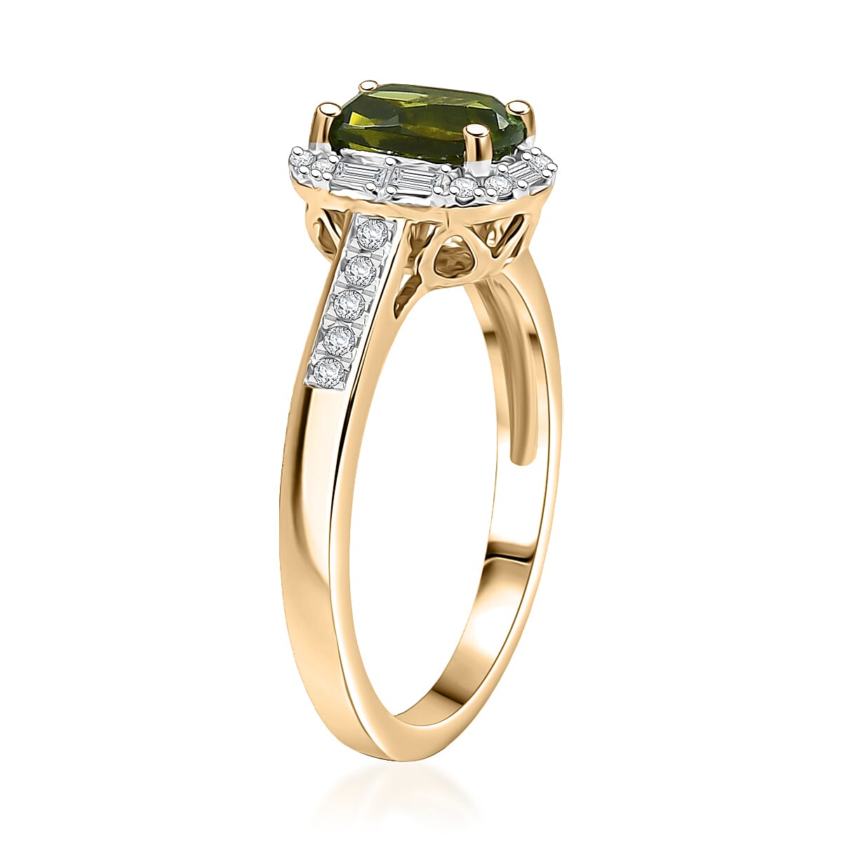 Certified & Appraised Luxoro AAA Sapo Green Tourmaline and I2 Diamond 1.57 ctw Ring in 10K Yellow Gold (Size 7.0) image number 3