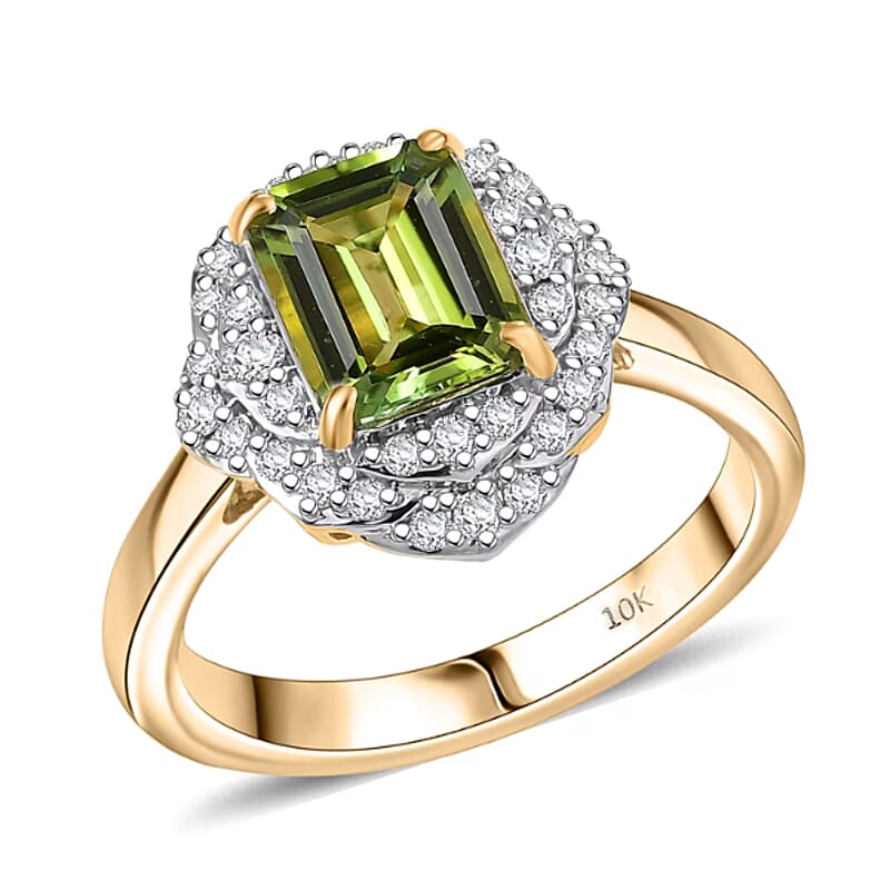 Certified & Appraised Luxoro AAA Sapo Green Tourmaline and I2 Diamond 1.70 ctw Ring in 10K Yellow Gold (Size 10.0)