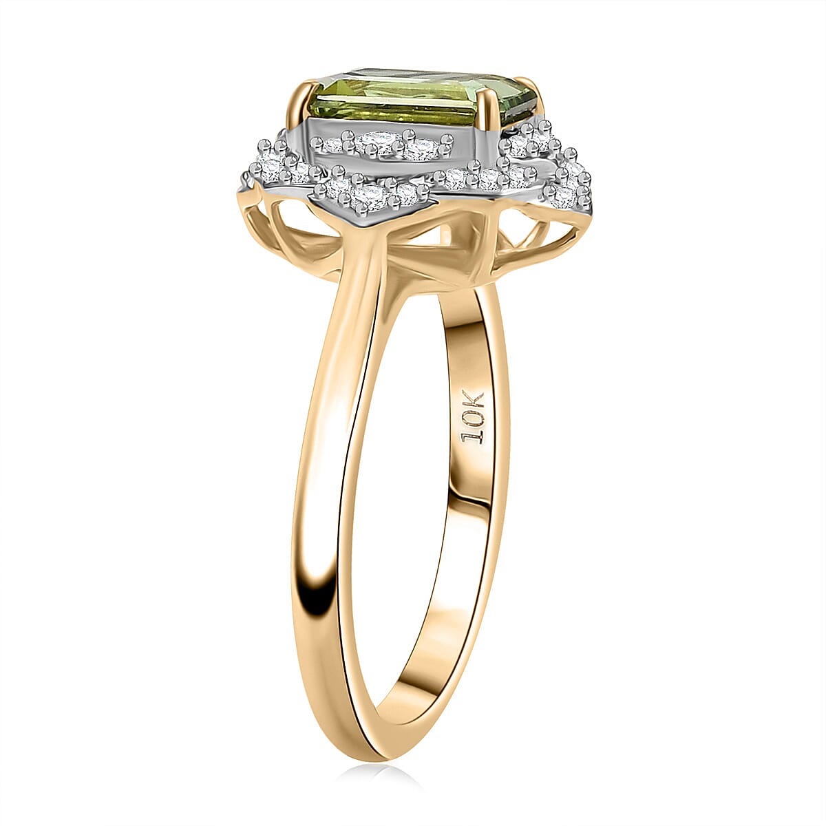 Certified & Appraised Luxoro AAA Sapo Green Tourmaline and I2 Diamond 1.70 ctw Ring in 10K Yellow Gold (Size 9.0) image number 3