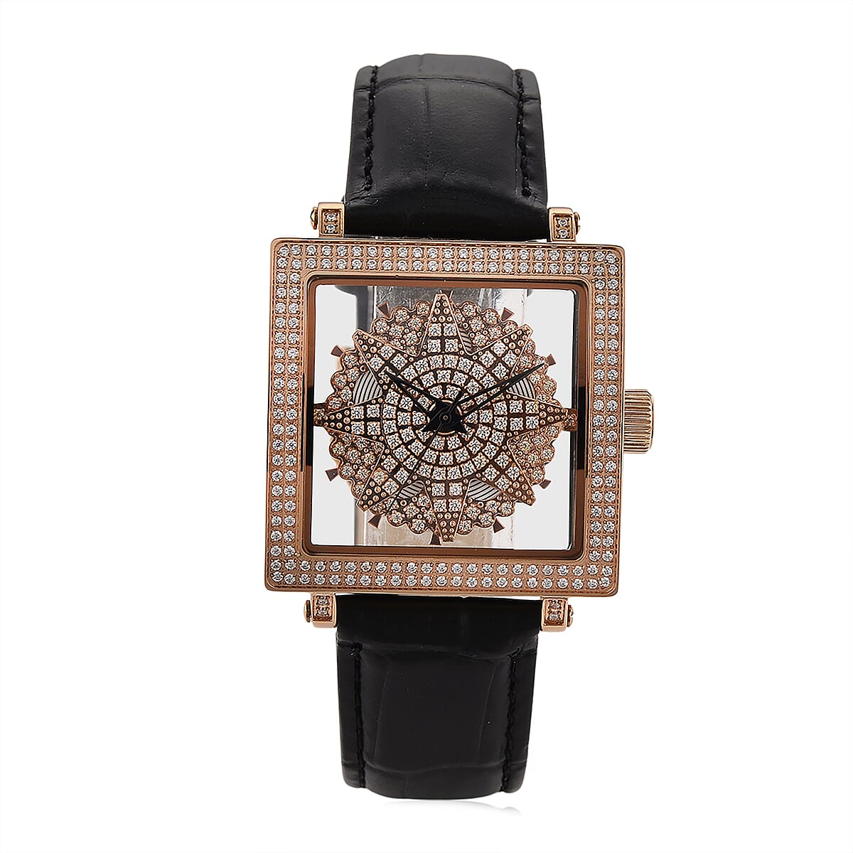 Classic Succession Miyota Japanese Movement Rotating Simulated Diamond Dail Watch with Black First Layer Cowhide Leather Strap 1.50 ctw image number 0