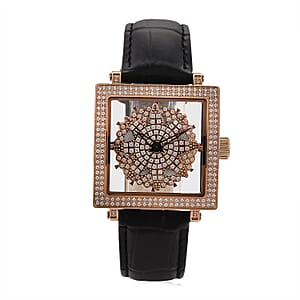 Classic Succession Miyota Japanese Movement Rotating Simulated Diamond Dail Watch with Black First Layer Cowhide Leather Strap 1.50 ctw