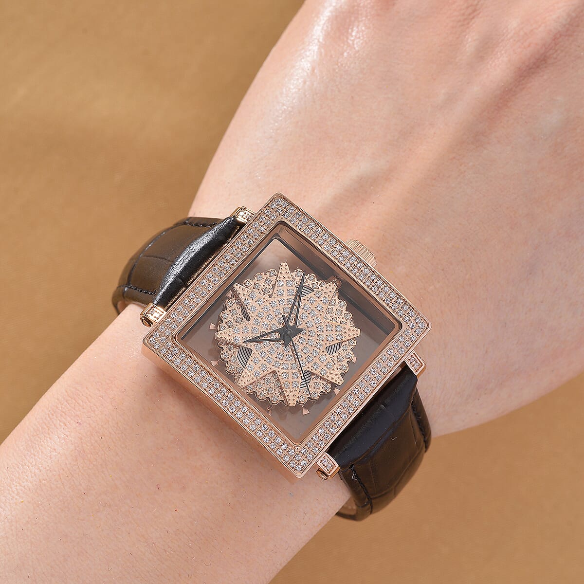 Classic Succession Miyota Japanese Movement Rotating Simulated Diamond Dail Watch with Black First Layer Cowhide Leather Strap 1.50 ctw image number 1