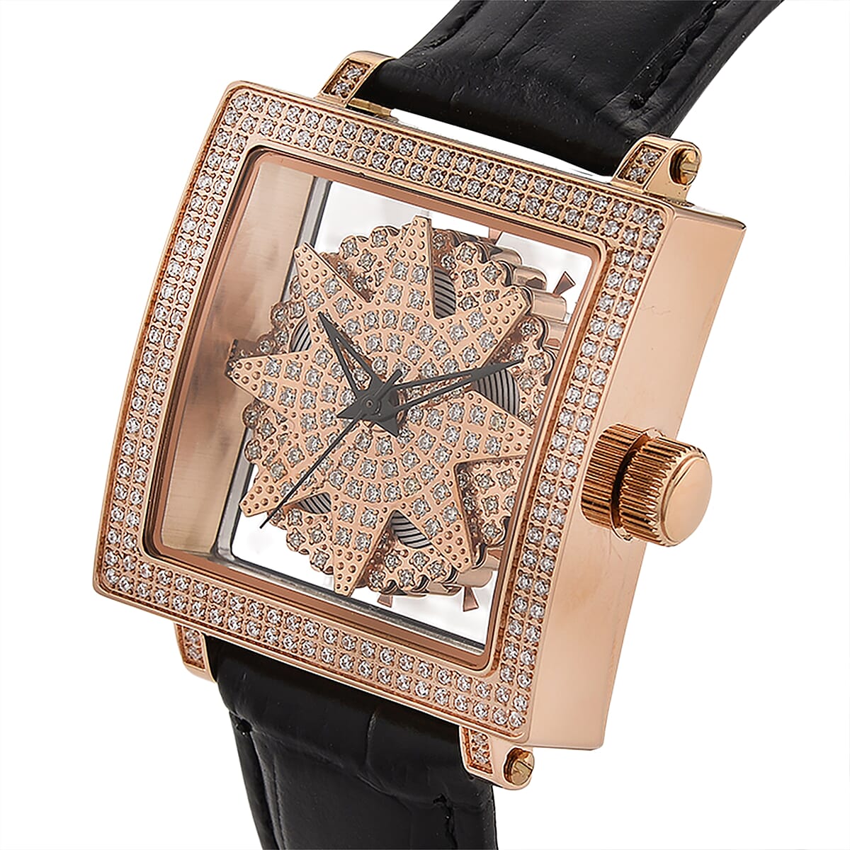 Classic Succession Miyota Japanese Movement Rotating Simulated Diamond Dail Watch with Black First Layer Cowhide Leather Strap 1.50 ctw image number 2
