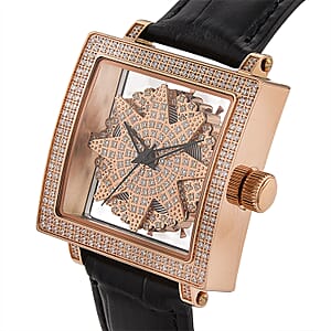 Classic Succession Miyota Japanese Movement Rotating Simulated Diamond Dail Watch with Black First Layer Cowhide Leather Strap 1.50 ctw
