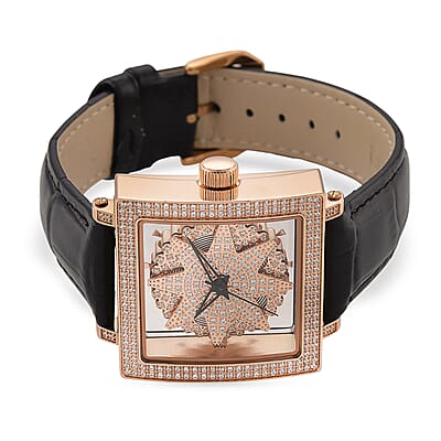 Classic Succession Miyota Japanese Movement Rotating Simulated Diamond Dail Watch with Black First Layer Cowhide Leather Strap 1.50 ctw