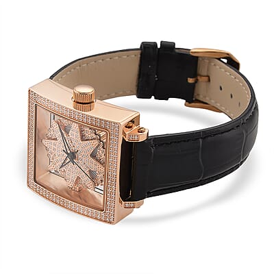 Classic Succession Miyota Japanese Movement Rotating Simulated Diamond Dail Watch with Black First Layer Cowhide Leather Strap 1.50 ctw