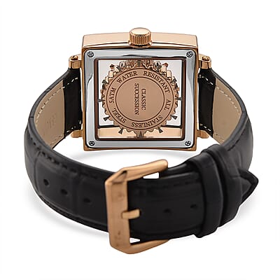 Classic Succession Miyota Japanese Movement Rotating Simulated Diamond Dail Watch with Black First Layer Cowhide Leather Strap 1.50 ctw