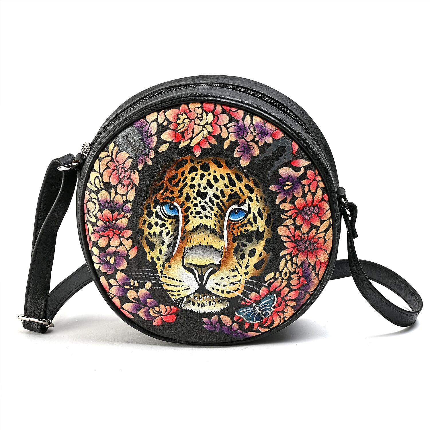 LA Marey Black Genuine Leather Handpainted Round Handbag with Detachable Shoulder Strap