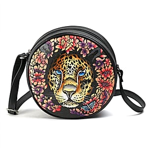 LA Marey Black Genuine Leather Handpainted Round Handbag with Detachable Shoulder Strap