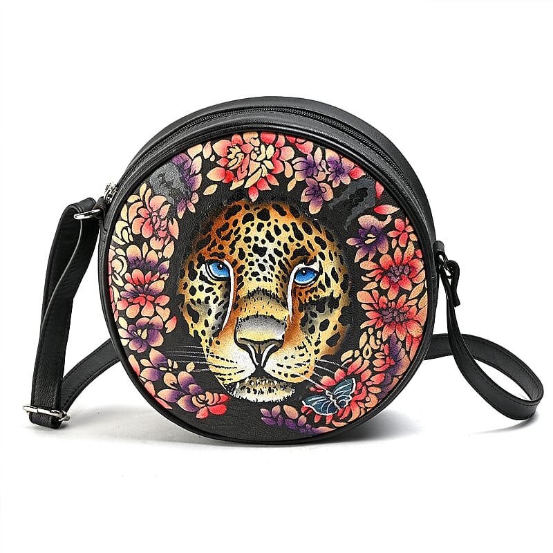 LA Marey Black Genuine Leather Handpainted Round Handbag with Detachable Shoulder Strap