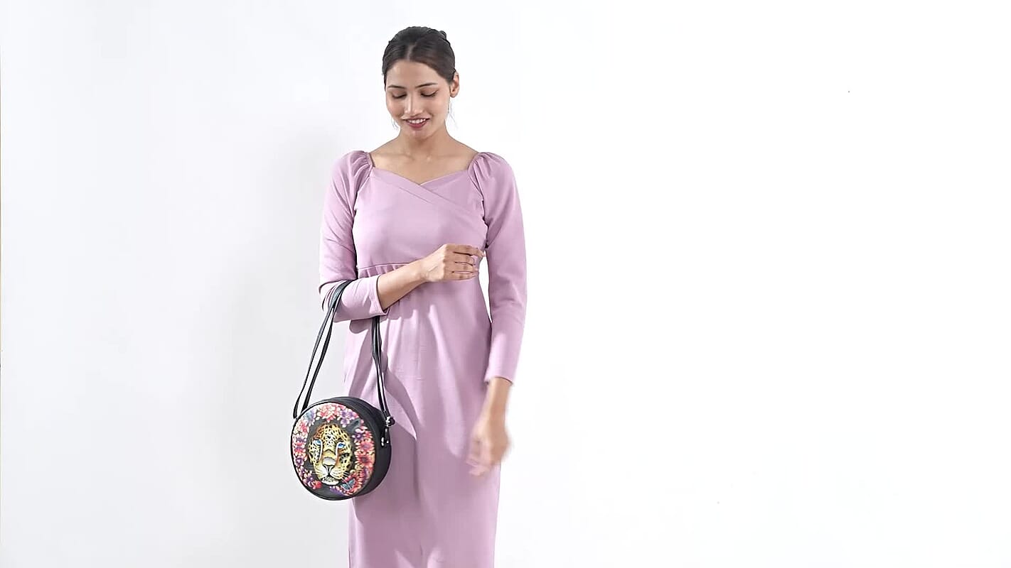 LA Marey Black Genuine Leather Handpainted Round Handbag (8.25"x8.25"x2.5") with Detachable Shoulder Strap