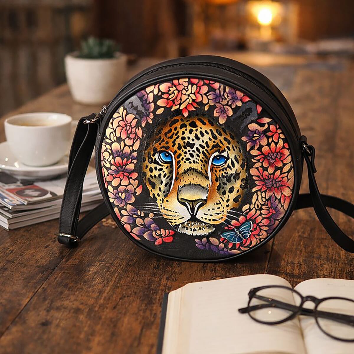 LA Marey Black Genuine Leather Handpainted Round Handbag (8.25"x8.25"x2.5") with Detachable Shoulder Strap image number 1