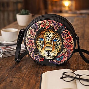 LA Marey Black Genuine Leather Handpainted Round Handbag with Detachable Shoulder Strap
