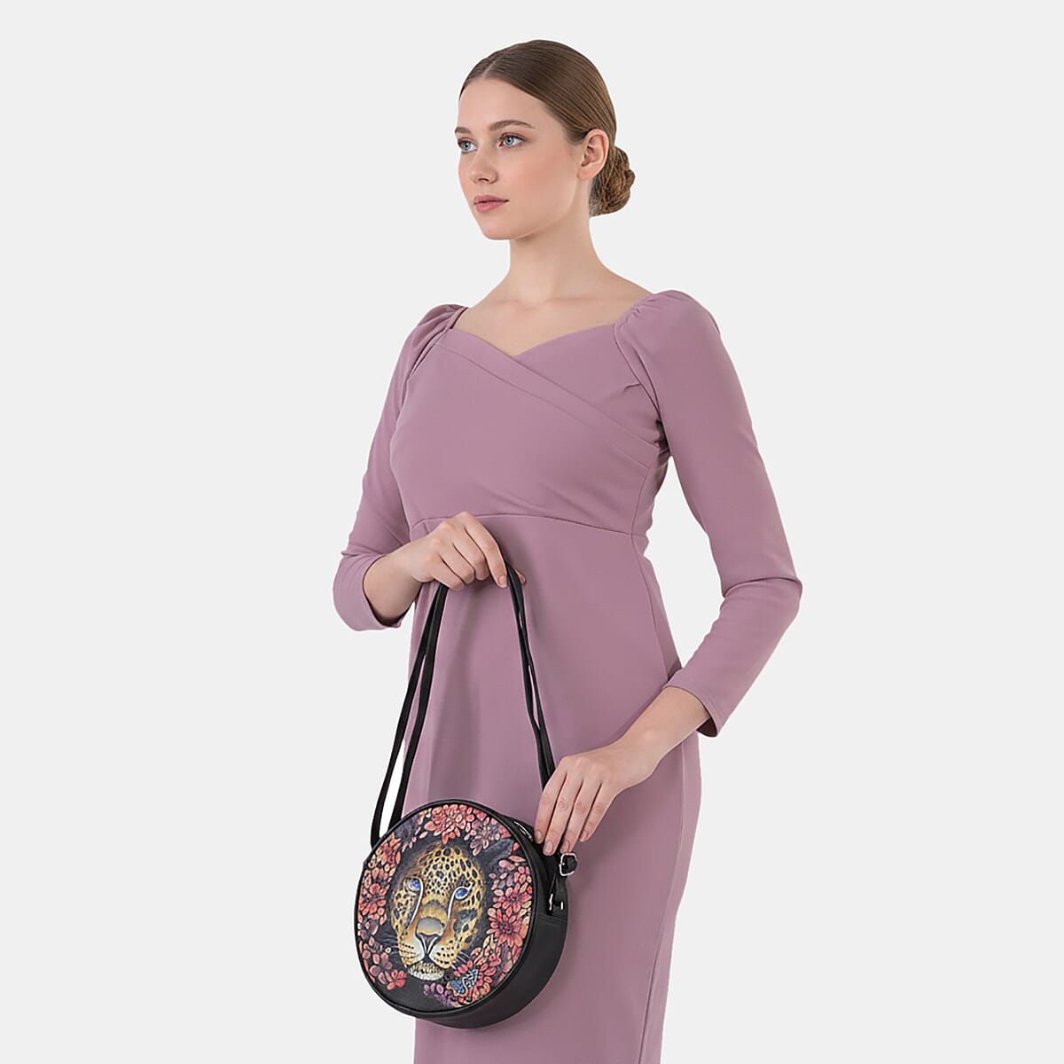 LA Marey Black Genuine Leather Handpainted Round Handbag (8.25"x8.25"x2.5") with Detachable Shoulder Strap image number 2