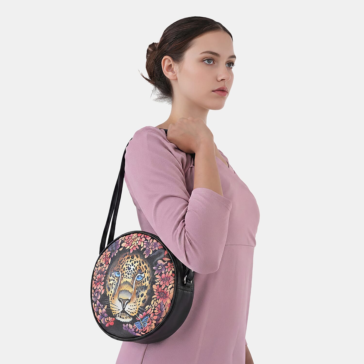 LA Marey Black Genuine Leather Handpainted Round Handbag with Detachable Shoulder Strap