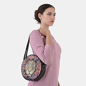 LA Marey Black Genuine Leather Handpainted Round Handbag with Detachable Shoulder Strap