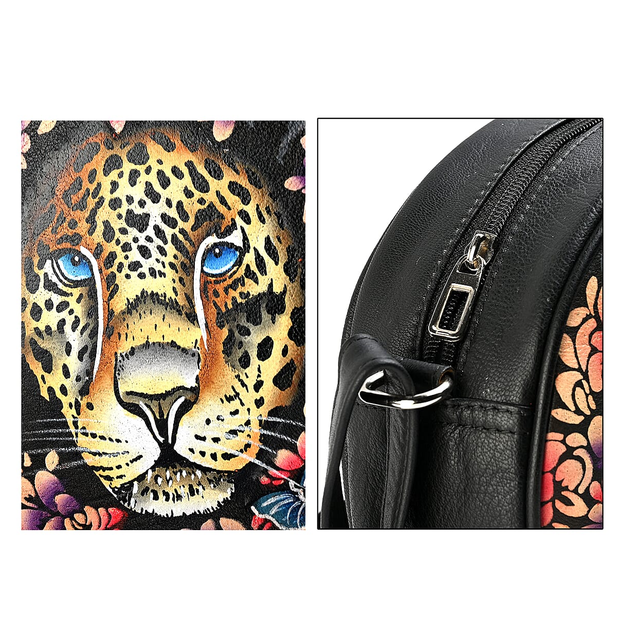 LA Marey Black Genuine Leather Handpainted Round Handbag (8.25"x8.25"x2.5") with Detachable Shoulder Strap image number 5