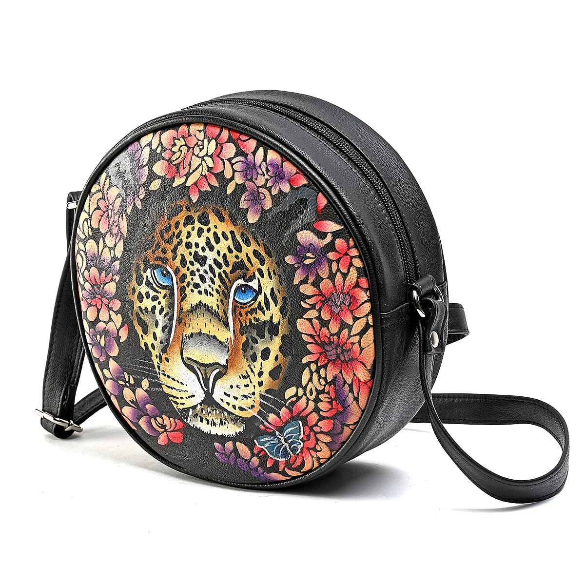 LA Marey Black Genuine Leather Handpainted Round Handbag (8.25"x8.25"x2.5") with Detachable Shoulder Strap image number 6