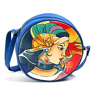 LA Marey Blue Genuine Leather Handpainted Round Handbag with Detachable Shoulder Strap