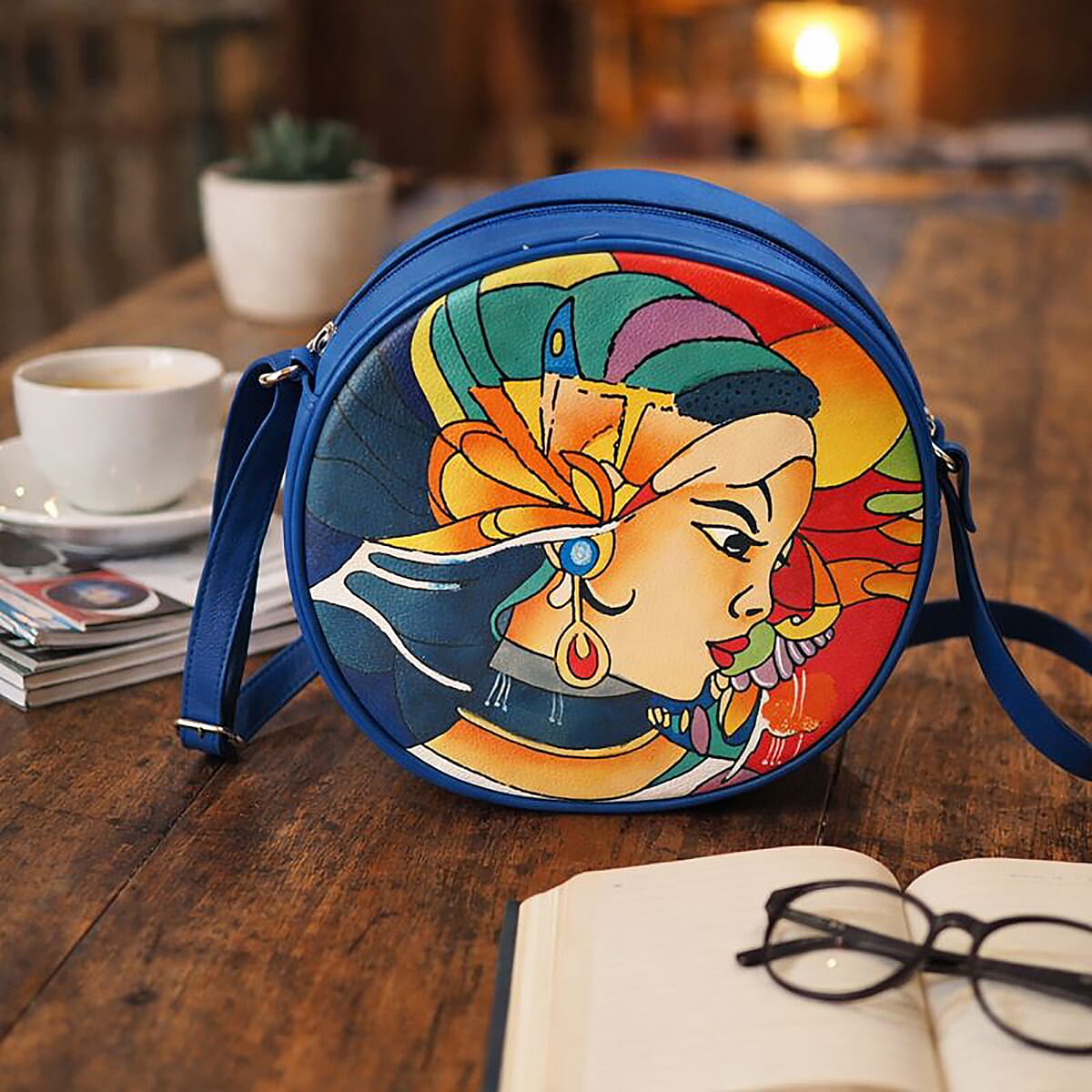 LA Marey Blue Genuine Leather Handpainted Round Handbag with Detachable Shoulder Strap image number 1