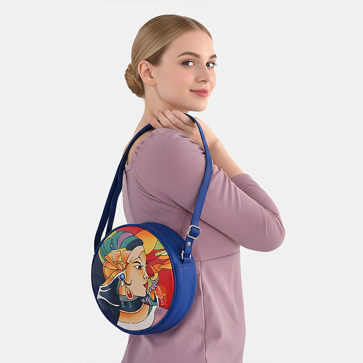 LA Marey Blue Genuine Leather Handpainted Round Handbag with Detachable Shoulder Strap image number 2