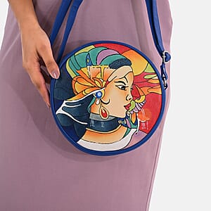 LA Marey Blue Genuine Leather Handpainted Round Handbag with Detachable Shoulder Strap