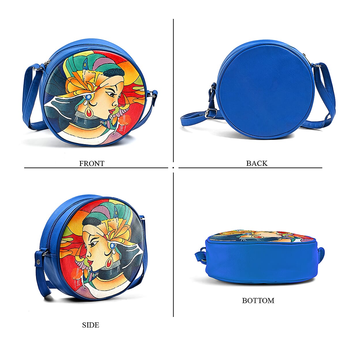 LA Marey Blue Genuine Leather Handpainted Round Handbag with Detachable Shoulder Strap image number 4