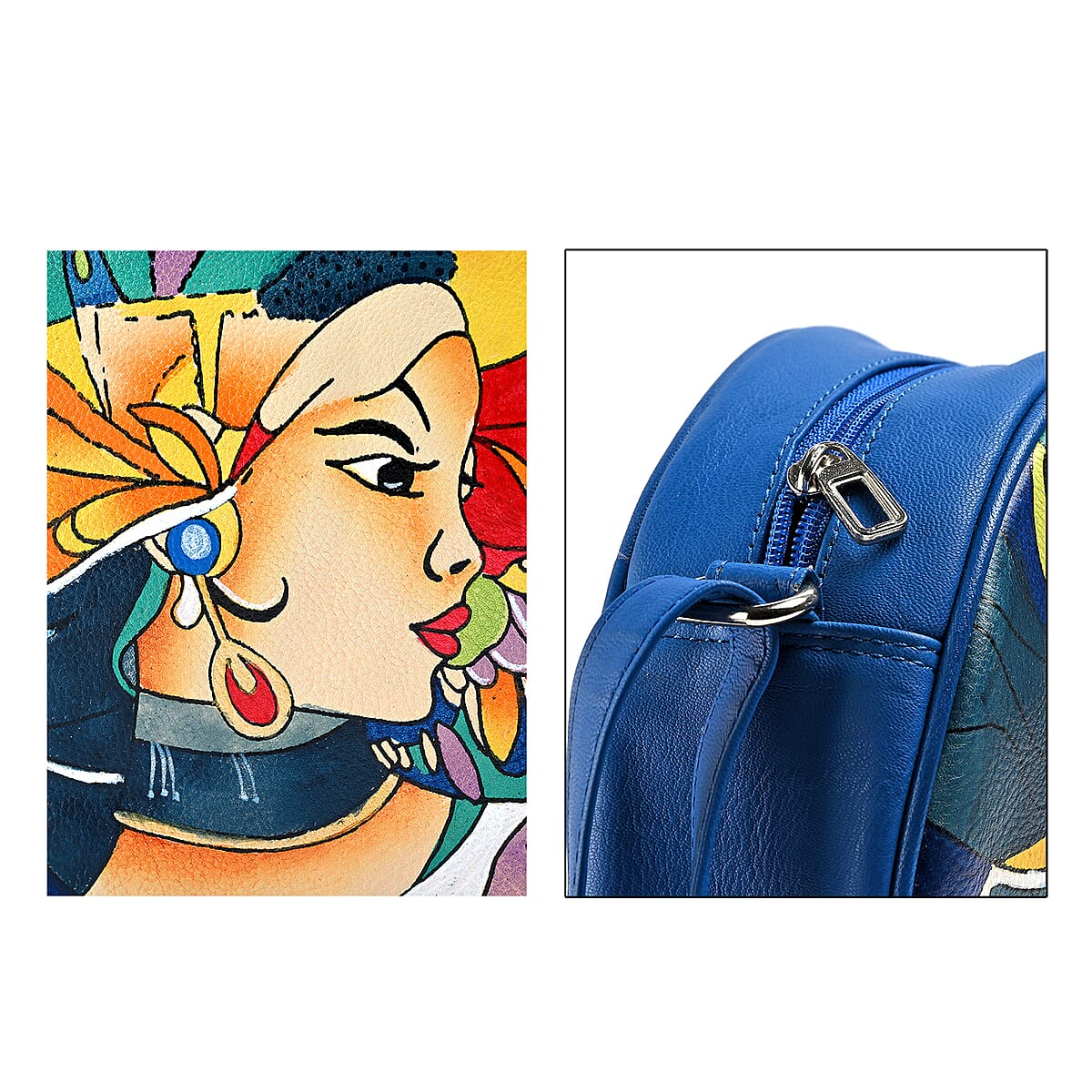 LA Marey Blue Genuine Leather Handpainted Round Handbag with Detachable Shoulder Strap image number 5