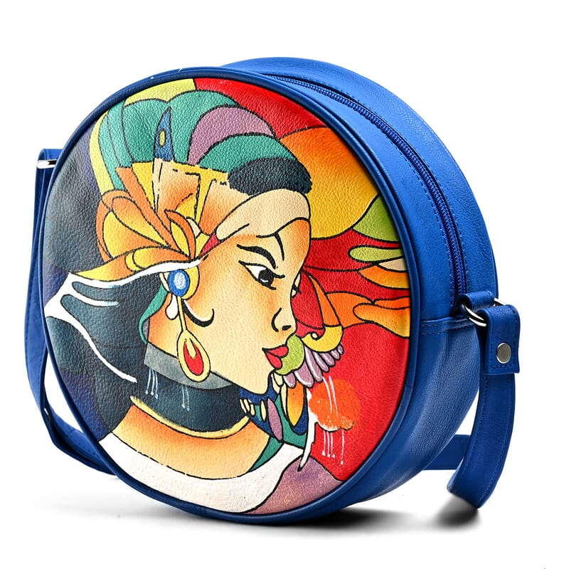 LA Marey Blue Genuine Leather Handpainted Round Handbag with Detachable Shoulder Strap