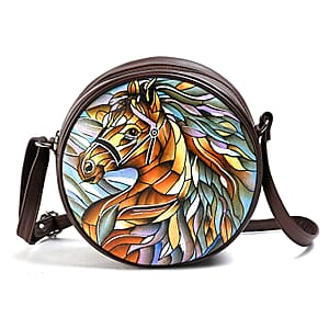 LA Marey Dark Tan Genuine Leather Handpainted Round Handbag with Detachable Shoulder Strap