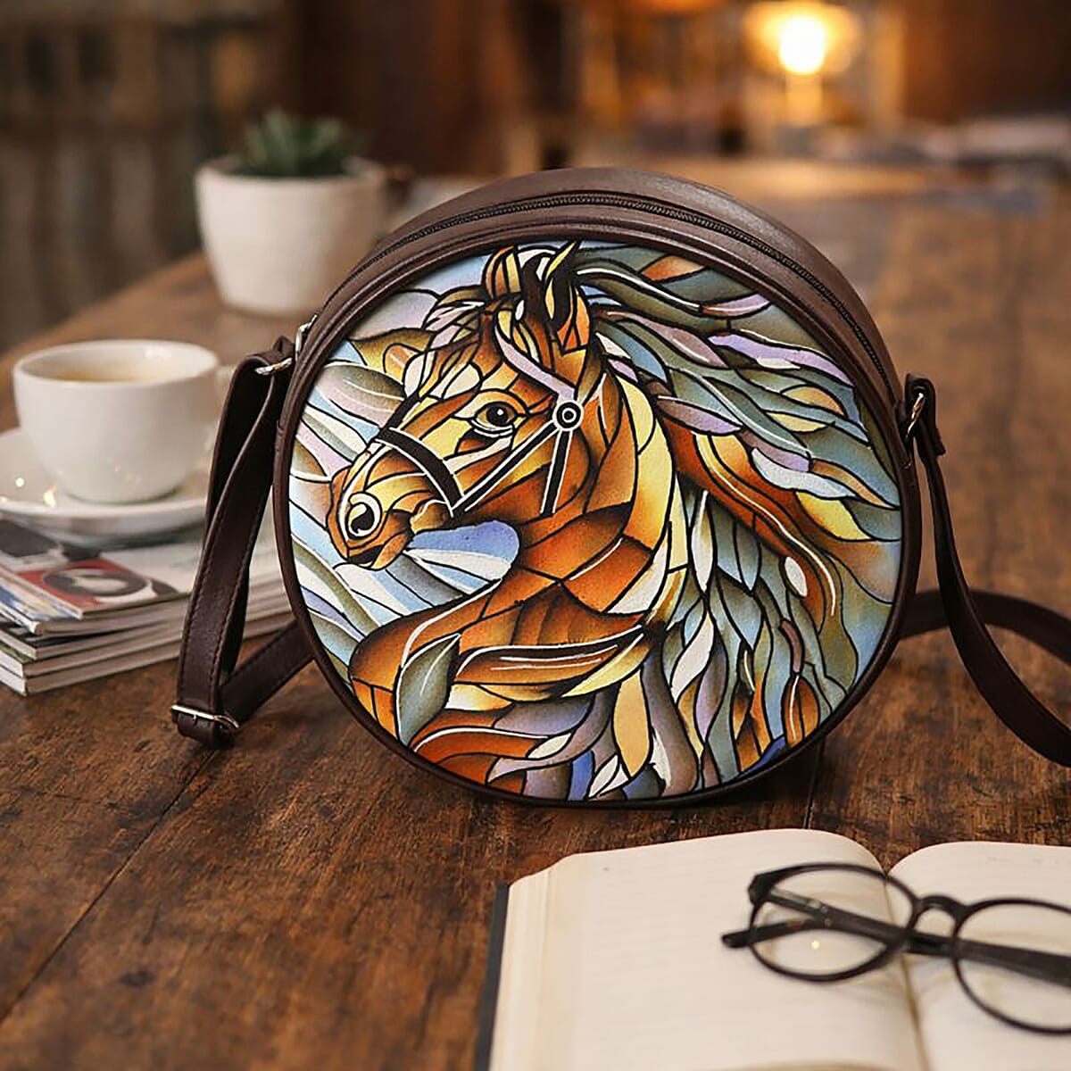 LA Marey Dark Tan Genuine Leather Handpainted Round Handbag with Detachable Shoulder Strap image number 1