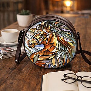 LA Marey Dark Tan Genuine Leather Handpainted Round Handbag with Detachable Shoulder Strap