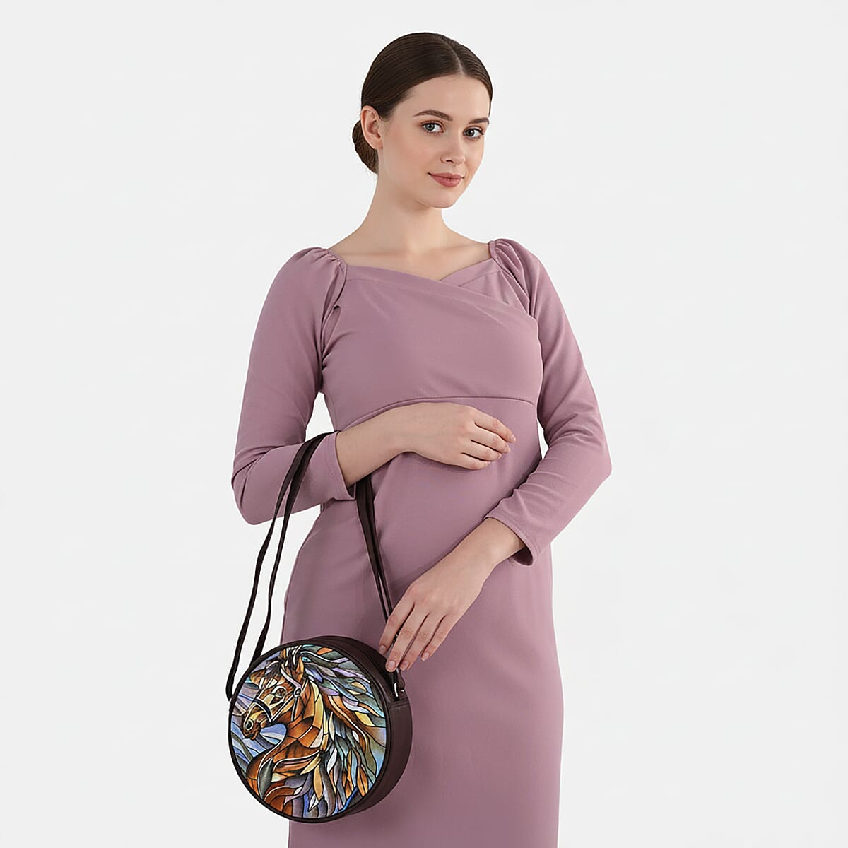 LA Marey Dark Tan Genuine Leather Handpainted Round Handbag with Detachable Shoulder Strap image number 2