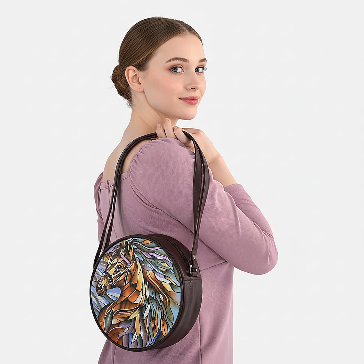 LA Marey Dark Tan Genuine Leather Handpainted Round Handbag with Detachable Shoulder Strap image number 3