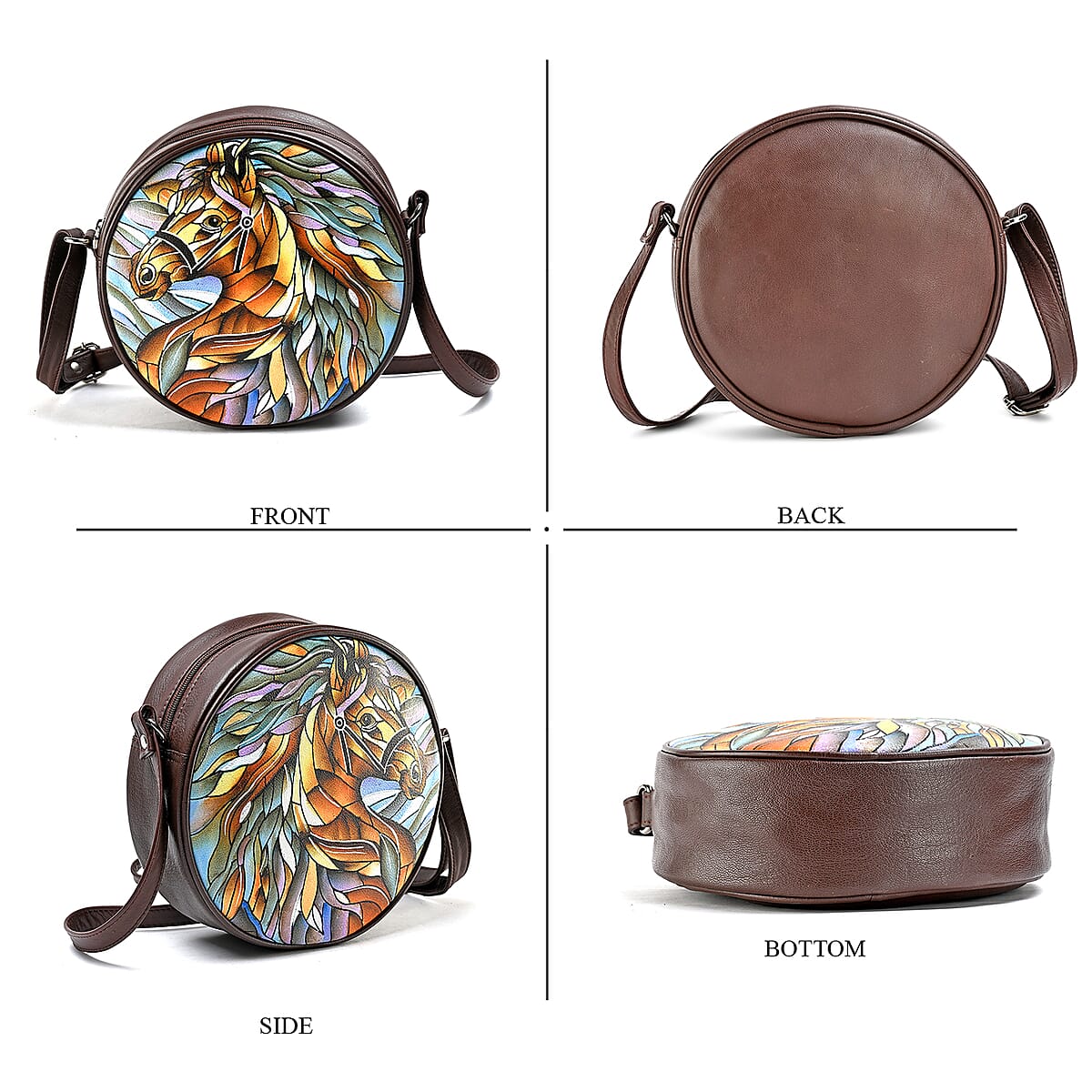 LA Marey Dark Tan Genuine Leather Handpainted Round Handbag with Detachable Shoulder Strap image number 4