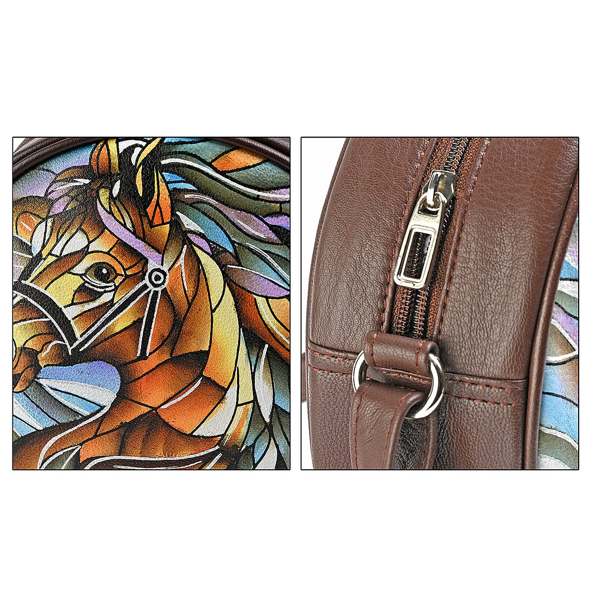 LA Marey Dark Tan Genuine Leather Handpainted Round Handbag with Detachable Shoulder Strap image number 5